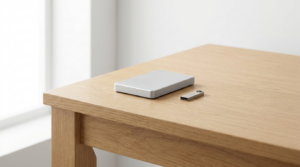 Externe Festplatte und USB-Backup-Laufwerk auf Holztisch