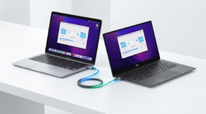 USB-C Kabel verbindet zwei Laptops zur Datenuebertragung
