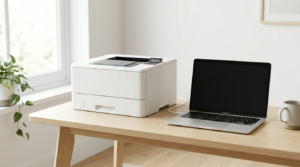 Weisser Drucker neben Laptop auf sauberem Schreibtisch