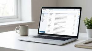 Laptop mit geöffnetem E-Mail-Posteingang auf weißem Schreibtisch