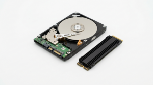Geoeffnete Laptop-Festplatte neben SSD auf weisser Flaeche