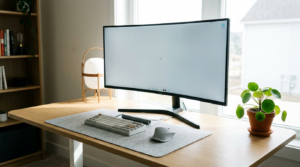 Moderner Homeoffice-Schreibtisch mit grossem Monitor und Pflanze