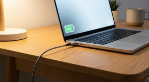Laptop mit Ladekabel auf Holzschreibtisch