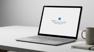 Laptop mit Windows-Update-Bildschirm auf weissem Schreibtisch