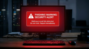 Computerbildschirm mit roter Phishing-Warnmeldung