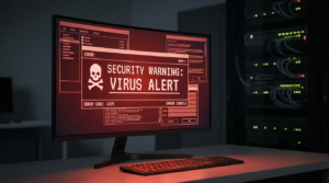 Monitor mit rotem Virus-Warnbildschirm auf dunklem Hintergrund