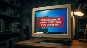Computer-Monitor mit Windows 10 Interface und roter End-of-Life Warnung