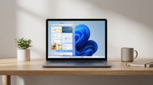 Laptop mit Windows 11 Interface auf sauberem Schreibtisch
