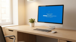 Monitor auf Schreibtisch mit Windows Update Fortschrittsbalken