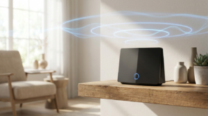Moderner WLAN-Router auf Holzregal in hellem Wohnzimmer