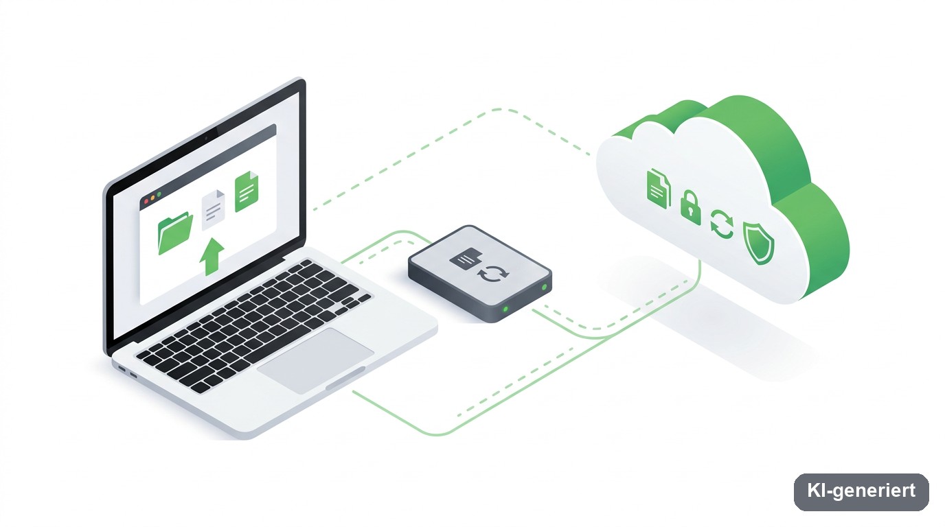 3-2-1-Backup-Prinzip: Laptop, externe Festplatte und Cloud