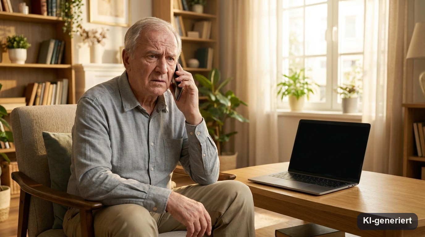 Älterer Herr am Telefon mit skeptischem Blick bei einem Betrugsanruf