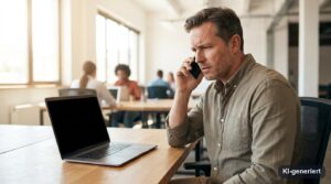 Besorgter Unternehmer am Telefon im Büro während eines IT-Notfalls