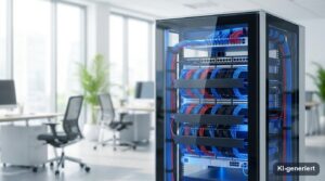 Sauber verkabeltes Server-Rack in einem hellen Großraumbüro
