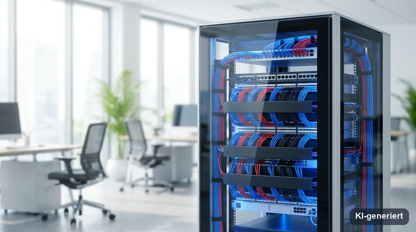 Sauber verkabeltes Server-Rack in einem hellen Großraumbüro