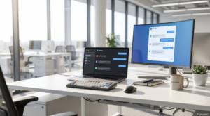 Arbeitsplatz mit Laptop, Tastatur und zwei Bildschirmen mit KI-Chat-Oberflächen für Selbstständige