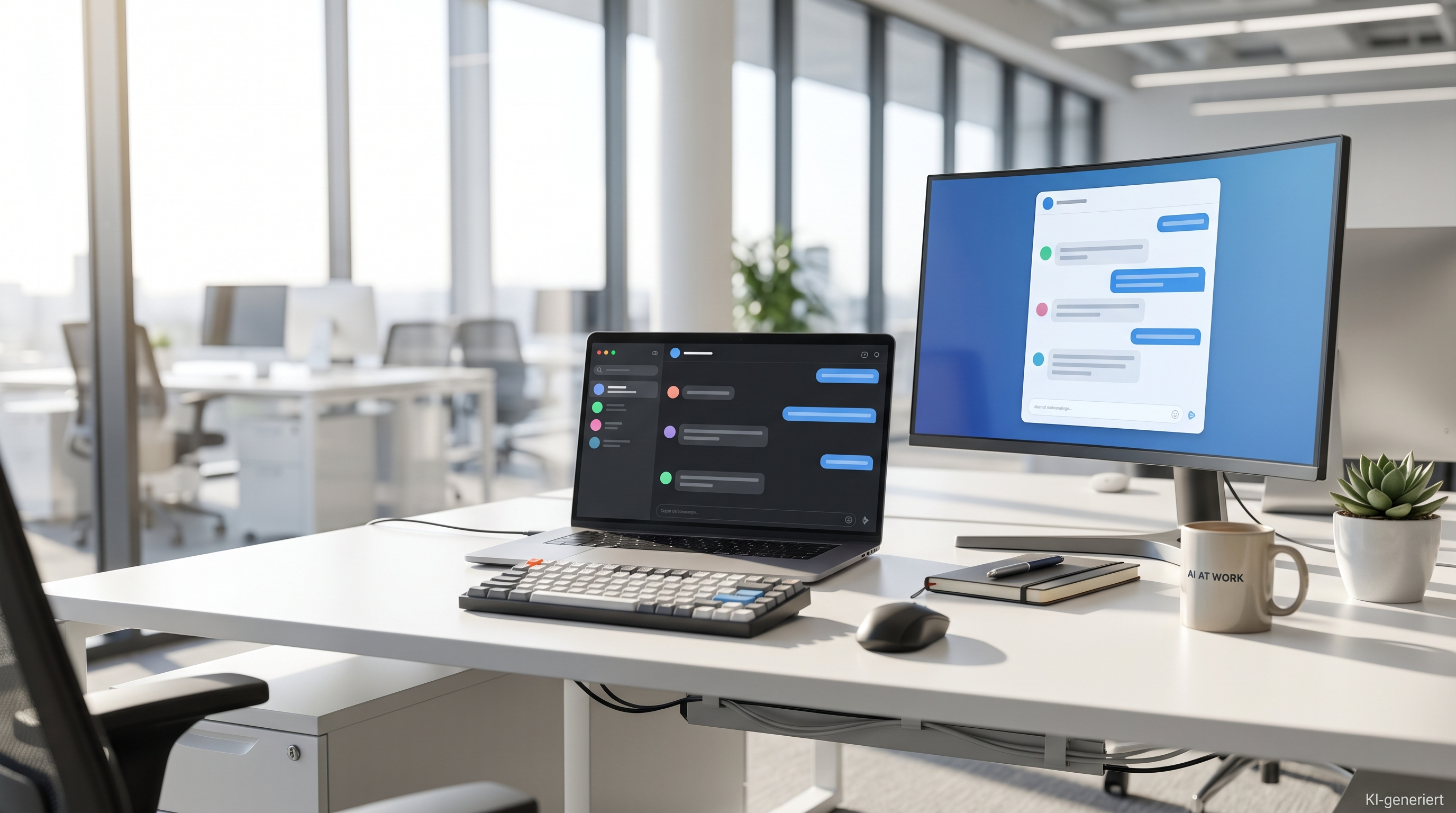 Arbeitsplatz mit Laptop, Tastatur und zwei Bildschirmen mit KI-Chat-Oberflächen für Selbstständige