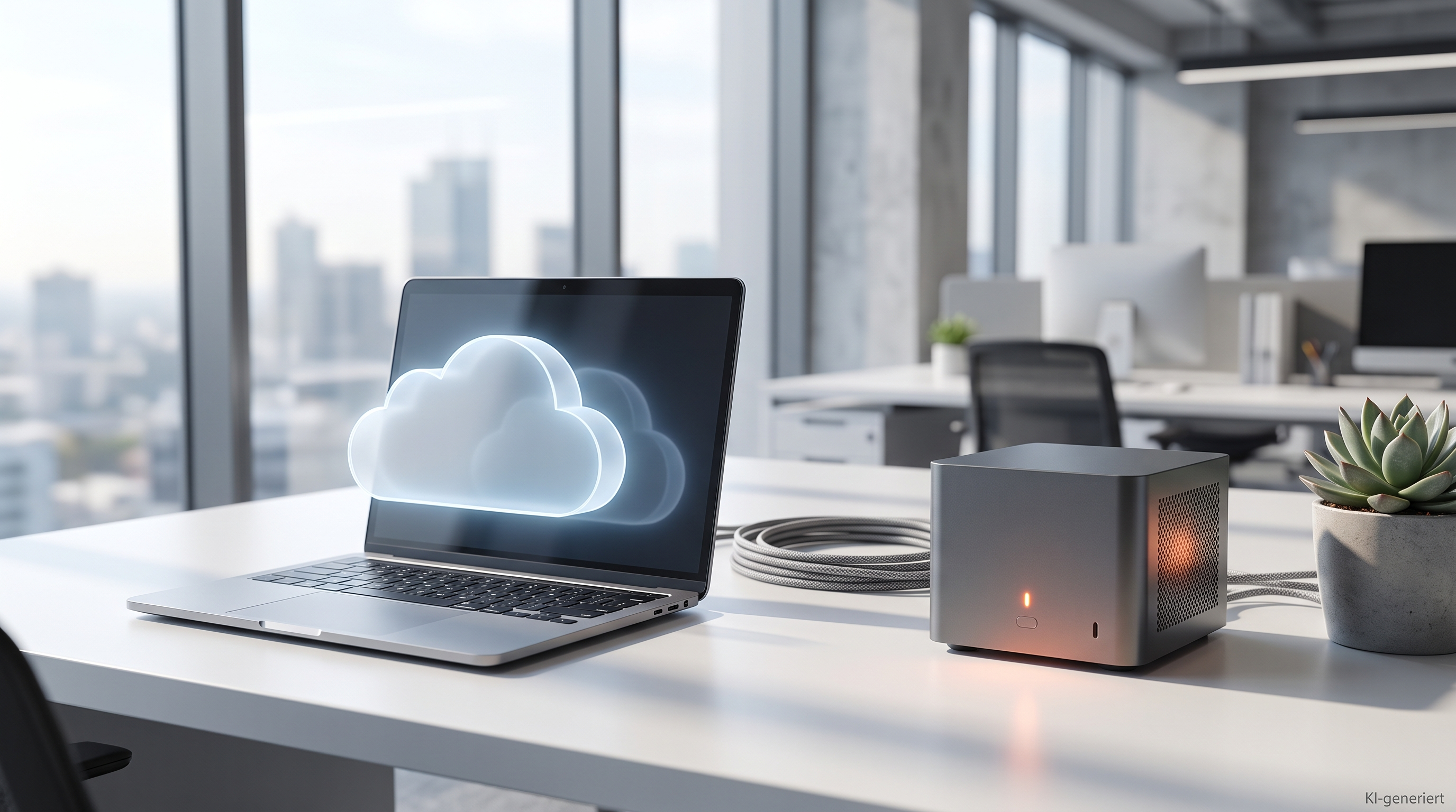 Laptop mit Cloud-Symbol neben einer kleinen Server-Box als Sinnbild für Cloud- oder lokale KI im Unternehmen