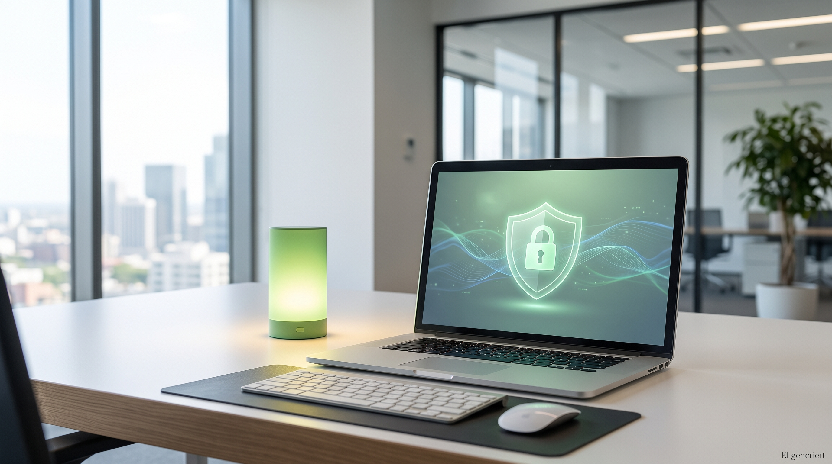 Laptop mit Schutzschild- und Schloss-Symbol als Sinnbild für datenschutzbewusste KI-Nutzung im Betrieb