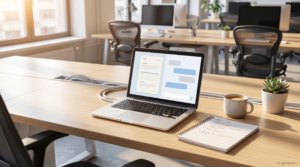 Aufgeräumter Schreibtisch mit Laptop, Notizbuch und Kaffee als Symbol für KI-Unterstützung im Kleinbetrieb